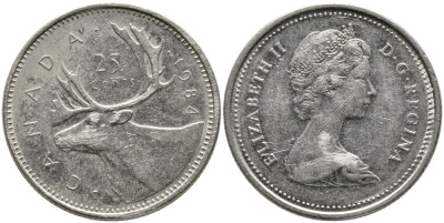 КАНАДА 25 ЦЕНТОВ 1984 ЕЛИЗАВЕТА II (1952-), ОЛЕНЬ, ВТОРОЙ ПОРТРЕТ В КОРОНЕ KM 74 никель 4543-746