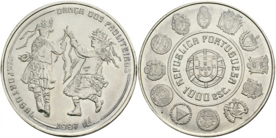 Португалия 1000 эскудо 1997 танец Политейрош KM 704 серебро UNC 3896-145