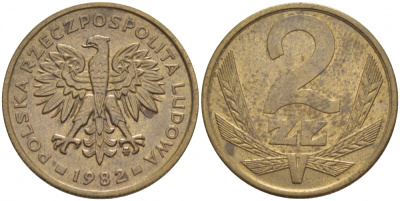 ПОЛЬША 2 ЗЛОТЫХ 1982 MW KM 80.1 латунь 4532-119