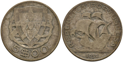 Португалия 5 эскудо 1932 KM 581 серебро 4563-1025