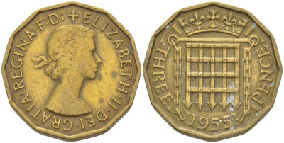 Великобритания 3 пенса 1955 Елизавета II (1952-2022) KM 900, Spink 4153 никель латунь 175-621