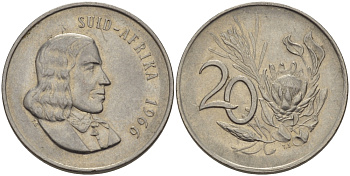 ЮАР 20 ЦЕНТОВ 1966 SUID, ЯН ВАН РИБЕК (1619-1677), ГОЛАНДСКИЙ ИССЛЕДОВАТЕЛЬ , МОРЕПЛАВАТЕЛЬ, ОСНОВАТЕЛЬ Г. КЕЙПТАУНА, ЦВЕТОК ПРОТЕЯ, АФРИКАНСКАЯ ЛЕГЕНДА KM 69.2 никель 67-437