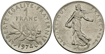 Франция 1 франк 1974 сеятель KM 925 никель 4135-841