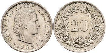 Швейцария 20 раппенов 1969 В KM 29а медно-никель 4592-921