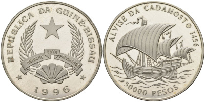 Гвинея-Биссау 50000 песо 1996 парусник Alvise da Cadamosto KM 37 серебро PROOF 00-00