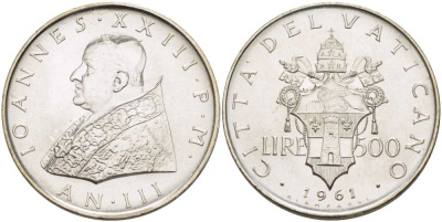Ватикан 500 лир 1961 III год, Иоанн XXIII (1958-1963) KM 65.2 серебро    4512-746
