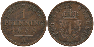 Пруссия 1 пфенниг 1858 A, Фридрих Вильгельм IV (1840-1861) KM 451 медь 4532-331