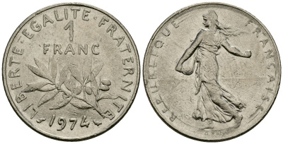 Франция 1 франк 1974 сеятель KM 925 никель 4135-841