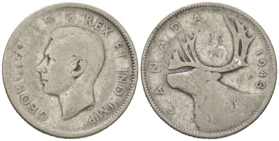 Канада 25 центов 1943 Георг VI (1936-1952), олень KM 35 серебро 4620-336