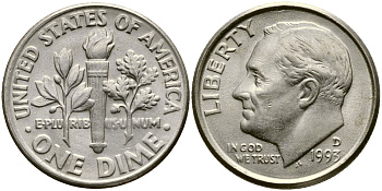 США 10 ЦЕНТОВ = 1 ДАЙМ 1993 D, РУЗВЕЛЬТ KM 195а медь плакированная медно-никелем 46-1162