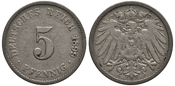 ГЕРМАНИЯ 5 ПФЕННИГОВ 1899 J KM 11, Jager 12, Weege 6 медно-никель 4547-367