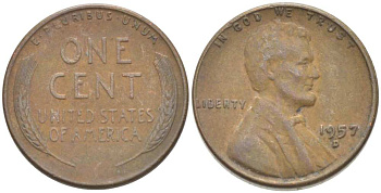 США 1 ЦЕНТ 1957 D, ЛИНКОЛЬН KM А132 медь цинк 218-718