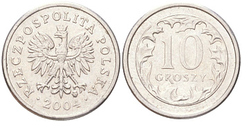 Польша 10 грошей 2004 MW KM 279 медно-никель UNC 4614-317