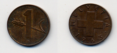 ШВЕЙЦАРИЯ 1 РАППЕН 1963 KM 46 бронза 54-345