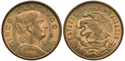 Мексика 5 сентаво 1960 Жозефа Ортис де Домингес KM 426 латунь XF 3334-542