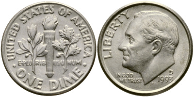 США 10 ЦЕНТОВ = 1 ДАЙМ 1993 D, РУЗВЕЛЬТ KM 195а медь плакированная медно-никелем 46-1162