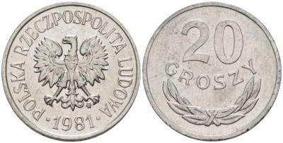 ПОЛЬША 20 ГРОШЕЙ 1981 MW KM А47 алюминий 201-468