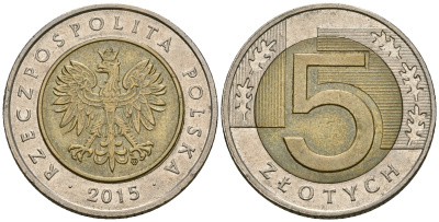 Польша 5 злотых 2015 MW KM 284 биметалл 4584-231