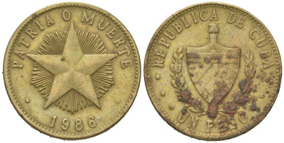 Куба 1 песо 1986 KM 105, Schoen A34 латунь 4395-945