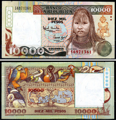 Колумбия 10000 песо 1994 Banco de la Republica, 12 октября 1994, женщина Эмбера, карта земного нара 1507 года, птицы Pick 437A бумага aUNC 451-685-2