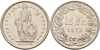 Швейцария 2 франка 1972 KM 21а медно-никель 4586-1243