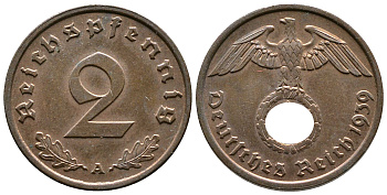 Германия 2 рейхспфеннига 1939 A KM 90, J. 362 бронза 220-554