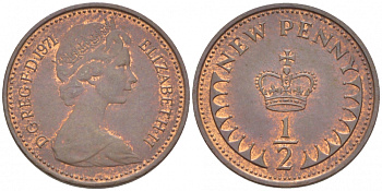 Великобритания 1/2 пенни 1971 Елизавета II (1952-2022) KM 914, Spink 4239 бронза 112-1222
