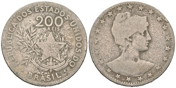 Бразилия 200 реалов 1901 MCMI, голова свободы вправо KM 504 медно-никель 4612-315