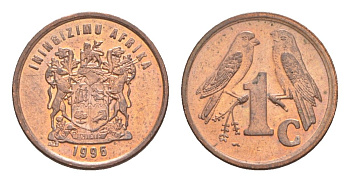 ЮАР 1 цент 1996 герб, капские воробьи KM 158 сталь плакированная медью UNC 4608-1035