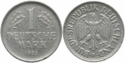 ФРГ 1 МАРКА 1962 F KM 110, J. 385 медно-никель 113-147