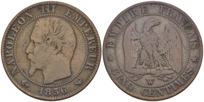 ФРАНЦИЯ 5 САНТИМОВ 1856 W, НАПОЛЕОН III (1852-1870) KM 777.7, LA FRANC 116.36 бронза 28-632