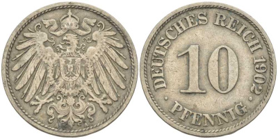 ГЕРМАНИЯ 10 ПФЕННИГОВ 1902 A KM 12, J. 13 медно-никель 4401-1236