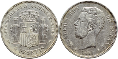 ИСПАНИЯ 5 ПЕСЕТ 1871 (71) SD-M, АМАДЕО I KM 666 серебро 00-00