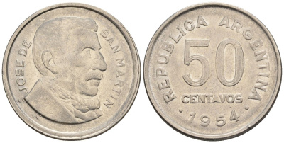 Аргентина 50 сентаво 1954 генерал Хосе де Сан Мартин KM 49, CJ 225, Schon 52 сталь плакированная никелем    60-957