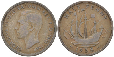 Великобритания 1/2 пенни 1938 Георг VI (1936-1952) KM 844, Spink 4115 бронза 4539-226