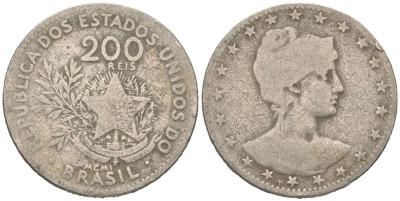 Бразилия 200 реалов 1901 MCMI, голова свободы вправо KM 504 медно-никель 4612-315