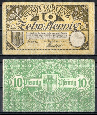 Кобленц (Пруссия, Рейн) 10 пфеннигов 1920 Mehl Grabowski C19.6 бумага 7555-55-4-2