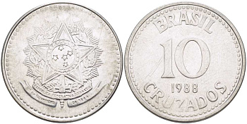 Бразилия 10 крузадо 1988 реформа 1986-1989 KM 607 нержавеющая сталь 177-734