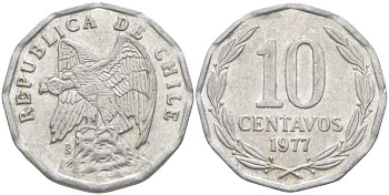 Чили 10 сентаво 1977 KM 205a алюминий 4402-355
