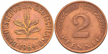 ФРГ 2 ПФЕННИГА 1969 J KM 106a, J.381a сталь плакированная сталь плакированная медьюю 4396-1561