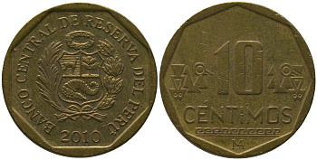 Перу 10 сентимо 2010 LIMA KM 305.4, Schon 104 латунь 4543-925