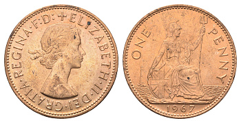 Великобритания 1 пенни 1967 Елизавета II (1952-2022) KM 897, Spink 4157 бронза UNC 4661-945