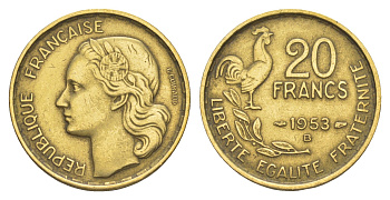 Франция 20 франков 1953 B KM 917 алюминиевая бронза 4543-525