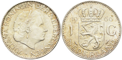 Нидерланды 1 гульден 1966 Юлиана (1948-1980) KM 184 серебро 4126-1155