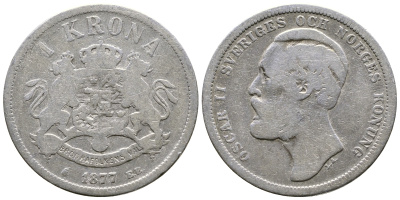 Швеция 1 крона 1877 EB, Оскар II, король Швеции и Норвегии KM 747 серебро 4178-431