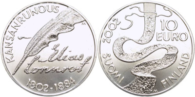 Финляндия 10 евро 2002 Элиас Леннрот, лингвист KM 108 серебро UNC 1084-9-22
