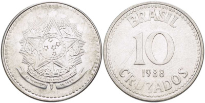 Бразилия 10 крузадо 1988 реформа 1986-1989 KM 607 нержавеющая сталь 177-734
