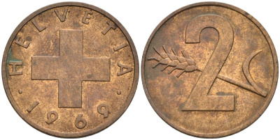 Швейцария 2 раппена 1969 KM 47 бронза 4525-156