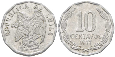 Чили 10 сентаво 1977 KM 205a алюминий 4402-355
