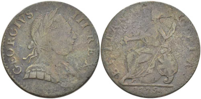 Великобритания 1/2 пенни 1775 Георг III (1760-1820) KM 601, Spink 3774 медь 109-1246